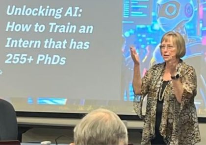 AI consultant Alyse Mitten teaching a business workshop on artificial intelligence, AI strategy, and practical AI solutions.