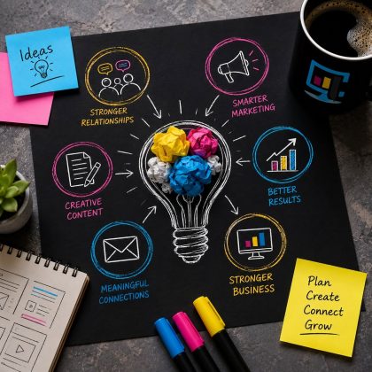 Concept illustration of practical AI solutions that help businesses improve communication, marketing, productivity, and growth.