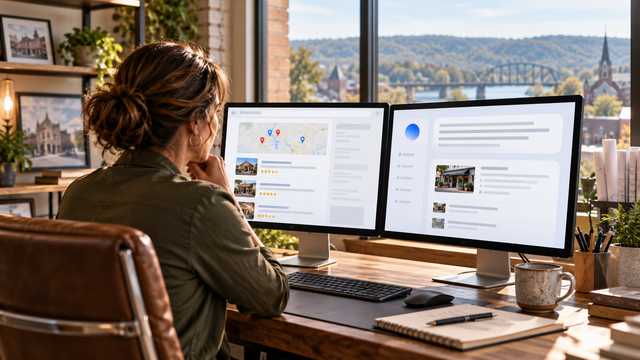 Interlace Communications online and AI visibility assessment shown on dual computer screens with local search results and AI-generated business information